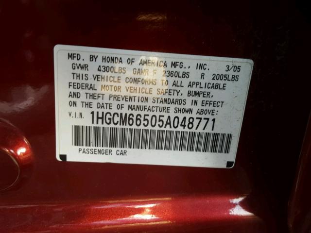 1HGCM66505A048771 - 2005 HONDA ACCORD EX RED photo 10