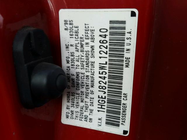 1HGEJ8245WL122640 - 1998 HONDA CIVIC EX RED photo 10