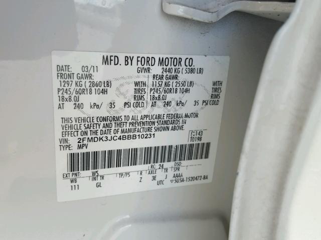 2FMDK3JC4BBB10231 - 2011 FORD EDGE SEL WHITE photo 10