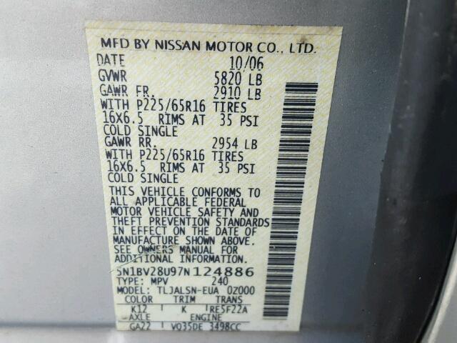 5N1BV28U97N124886 - 2007 NISSAN QUEST S SILVER photo 10