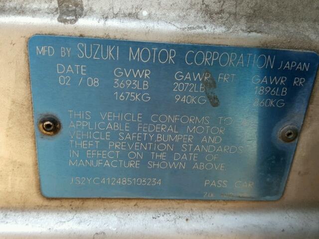 JS2YC412485103234 - 2008 SUZUKI SX4 SILVER photo 10