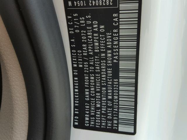 3VW917AU3GM003266 - 2016 VOLKSWAGEN GOLF BASE WHITE photo 10