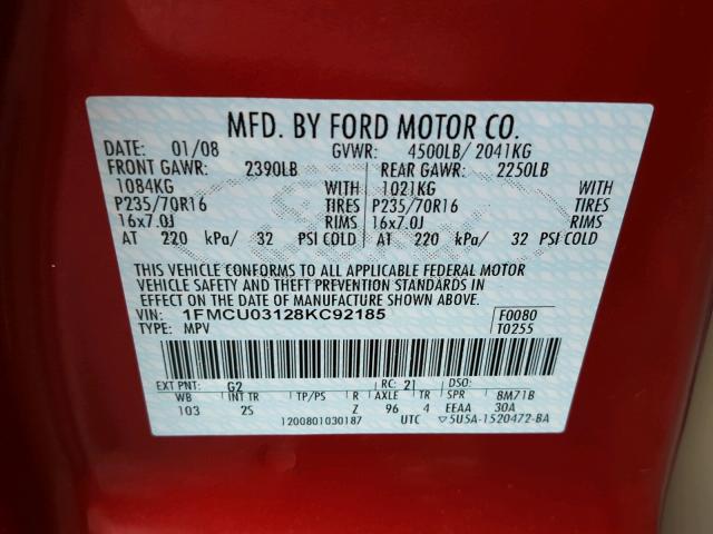 1FMCU03128KC92185 - 2008 FORD ESCAPE XLT RED photo 10