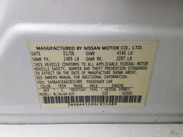 1N4BA41E66C835489 - 2006 NISSAN MAXIMA SE WHITE photo 10