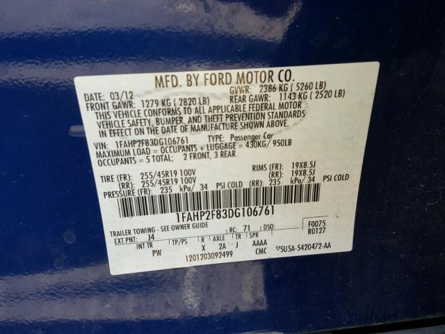 1FAHP2F83DG106761 - 2013 FORD TAURUS LIM BLUE photo 10