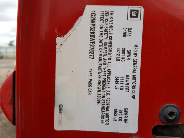 1G2WP52K0WF278277 - 1998 PONTIAC GRAND PRIX RED photo 10