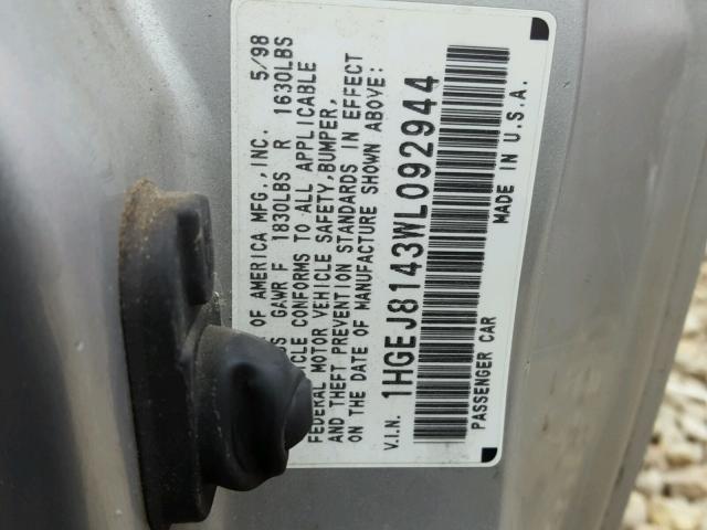 1HGEJ8143WL092944 - 1998 HONDA CIVIC EX ვერცხლისფერი ფოტო 10