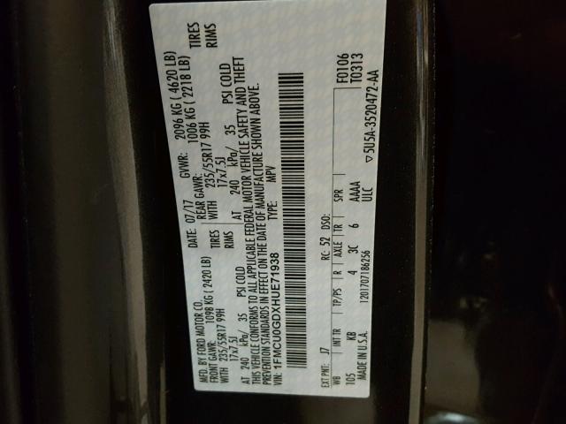 1FMCU0GDXHUE71938 - 2017 FORD ESCAPE SE 灰色 照片 10