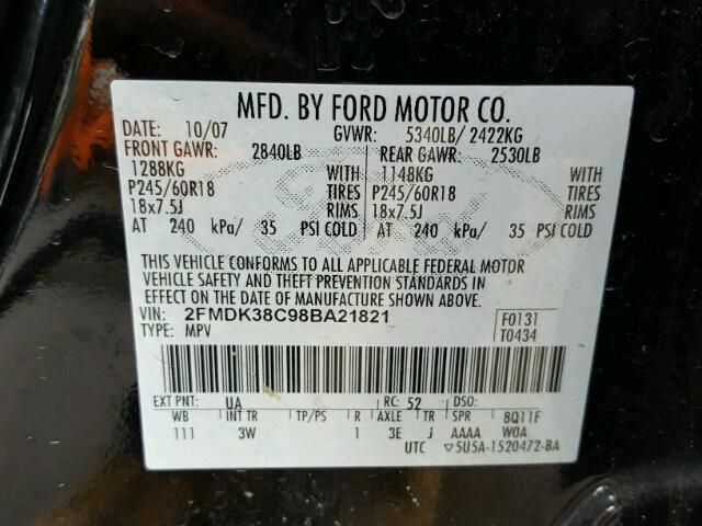 2FMDK38C98BA21821 - 2008 FORD EDGE SEL BLACK photo 10