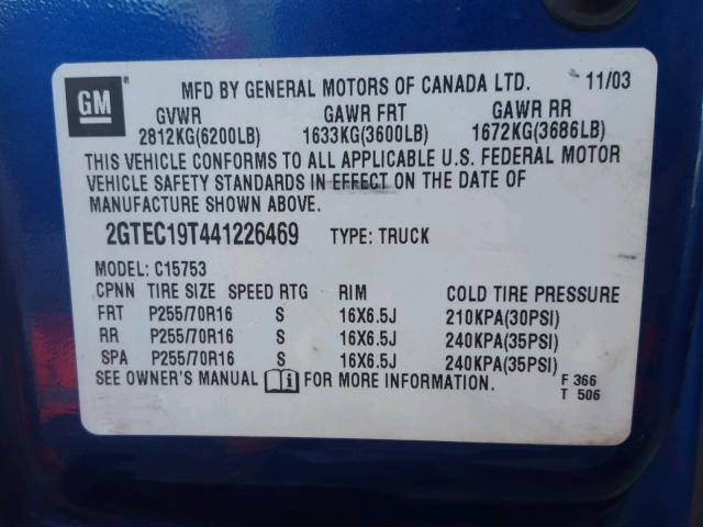 2GTEC19T441226469 - 2004 GMC NEW SIERRA BLUE photo 10