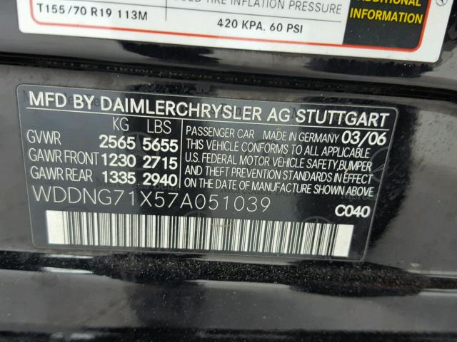 WDDNG71X57A051039 - 2007 MERCEDES-BENZ S 550 BLACK photo 10