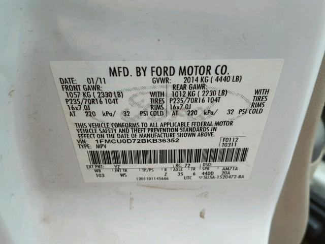 1FMCU0D72BKB36352 - 2011 FORD ESCAPE XLT WHITE photo 10