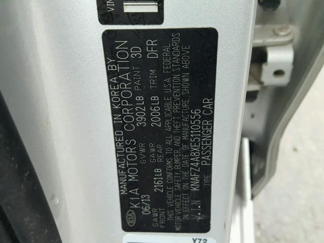 KNAFZ4A8XE5110556 - 2014 KIA FORTE EX SILVER photo 10