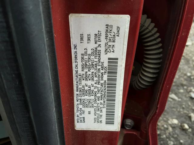 5TEHN72N94Z424594 - 2004 TOYOTA TACOMA DOU RED photo 10