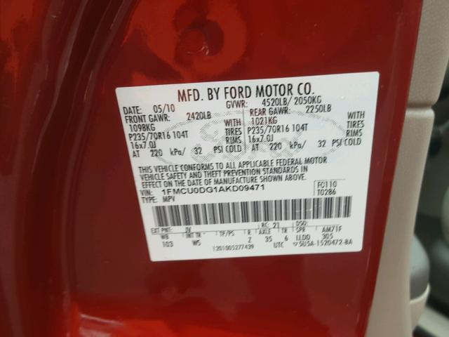 1FMCU0DG1AKD09471 - 2010 FORD ESCAPE XLT RED photo 10