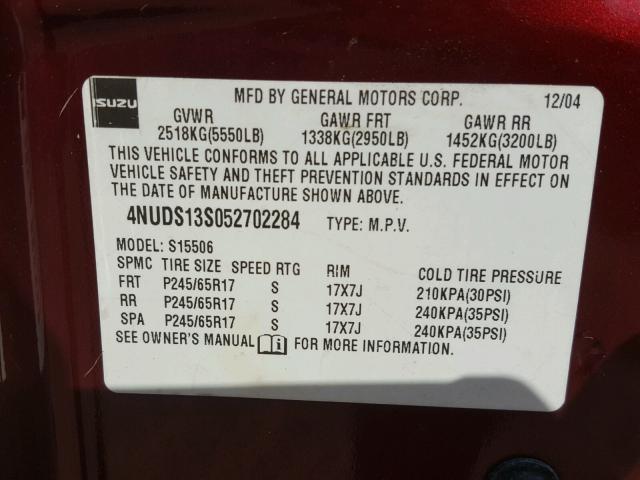 4NUDS13S052702284 - 2005 ISUZU ASCENDER S 勃艮第红 照片 10