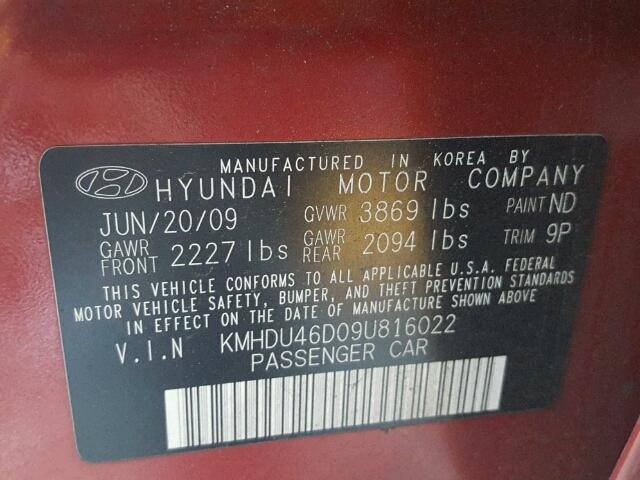 KMHDU46D09U816022 - 2009 HYUNDAI ELANTRA GL MAROON photo 10