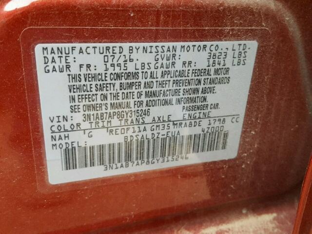 3N1AB7AP8GY315246 - 2016 NISSAN SENTRA S RED photo 10