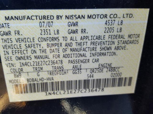 1N4CL21E27C236478 - 2007 NISSAN ALTIMA HYB BLUE photo 10