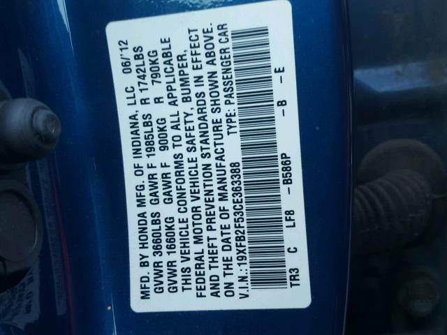 19XFB2F53CE363388 - 2012 HONDA CIVIC LX BLUE photo 10