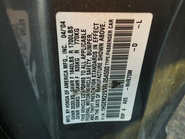 1HGEM22934L054500 - 2004 HONDA CIVIC EX GRAY photo 10