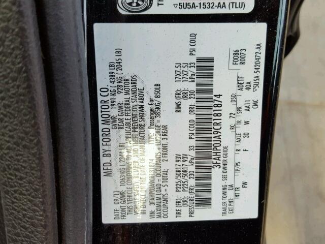 3FAHP0JA9CR181874 - 2012 FORD FUSION SEL BLACK photo 10