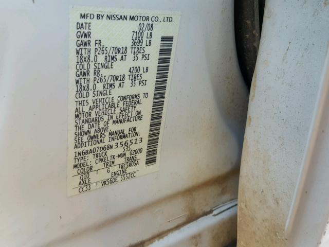 1N6BA07D68N356513 - 2008 NISSAN TITAN XE WHITE photo 10