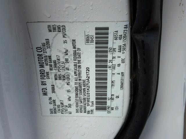 1FMEU31K27UA21720 - 2007 FORD EXPLORER S 白色 照片 10