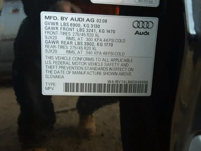 WA1BV74L88D048996 - 2008 AUDI Q7 4.2 QUA BLACK photo 10