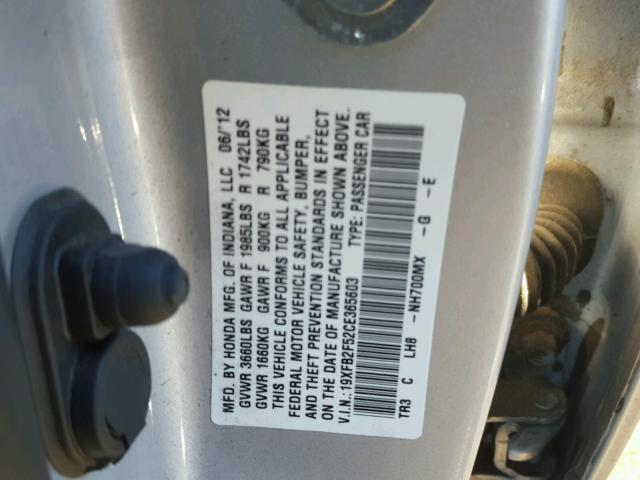 19XFB2F52CE365603 - 2012 HONDA CIVIC LX SILVER photo 10