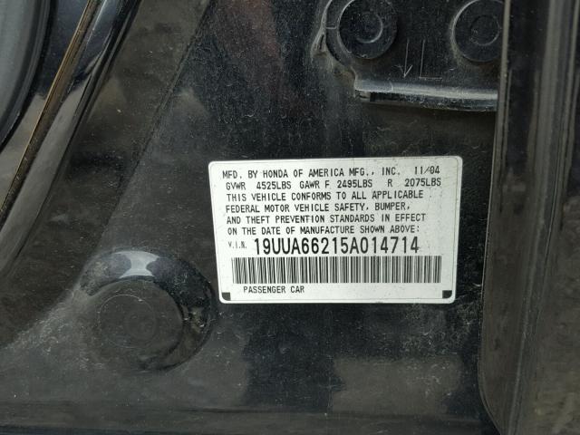 19UUA66215A014714 - 2005 ACURA TL BLACK photo 10