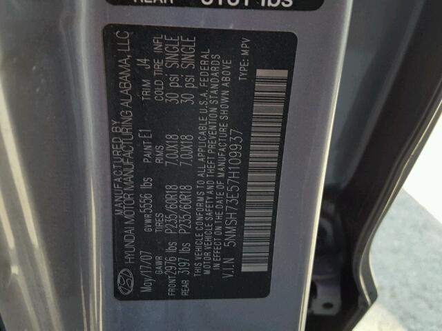 5NMSH73E57H109937 - 2007 HYUNDAI SANTA FE S GRAY photo 10