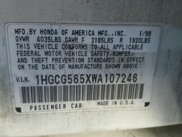 1HGCG565XWA107246 - 1998 HONDA ACCORD EX WHITE photo 10