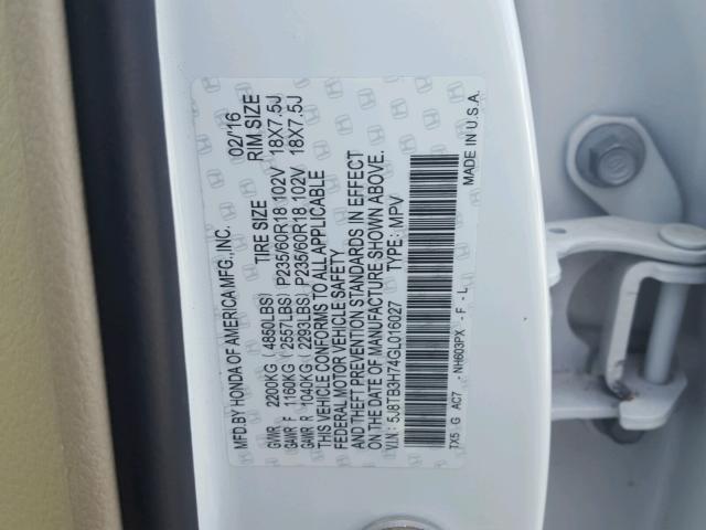 5J8TB3H74GL016027 - 2016 ACURA RDX ADVANC WHITE photo 10