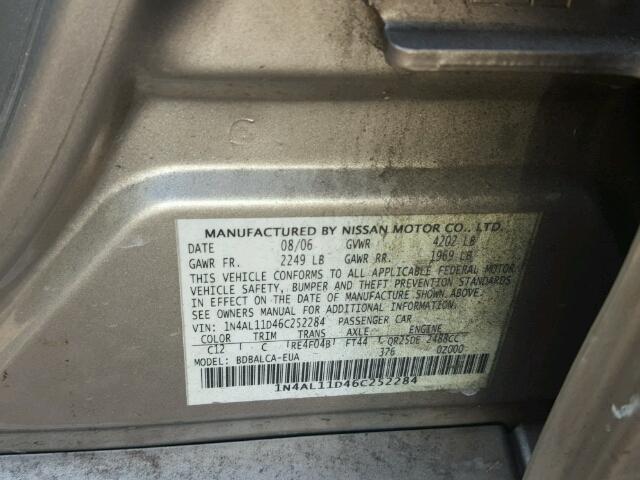 1N4AL11D46C252284 - 2006 NISSAN ALTIMA S SILVER photo 10