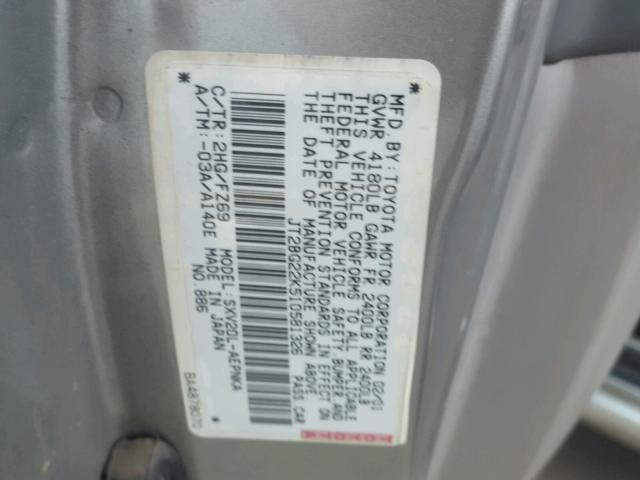 JT2BG22K510581326 - 2001 TOYOTA CAMRY CE SILVER photo 10