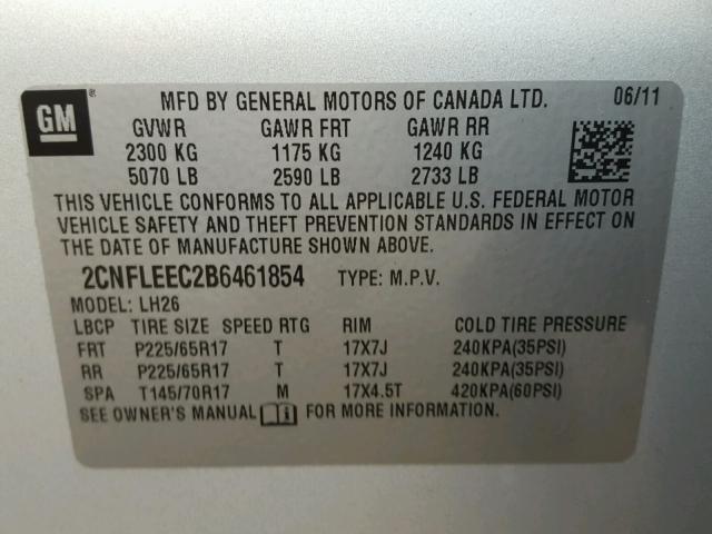 2CNFLEEC2B6461854 - 2011 CHEVROLET EQUINOX LT SILVER photo 10