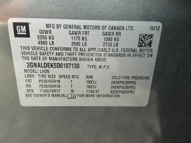 2GNALDEK5D6187138 - 2013 CHEVROLET EQUINOX LT CHARCOAL photo 10