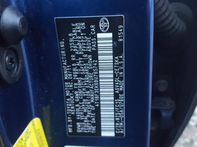 4T1BF3EK6BU765742 - 2011 TOYOTA CAMRY BASE BLUE photo 10