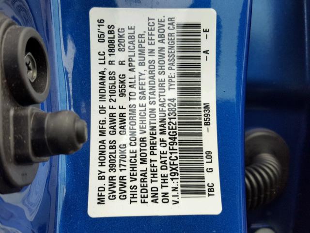 19XFC1F94GE213824 - 2016 HONDA CIVIC TOUR BLUE photo 10