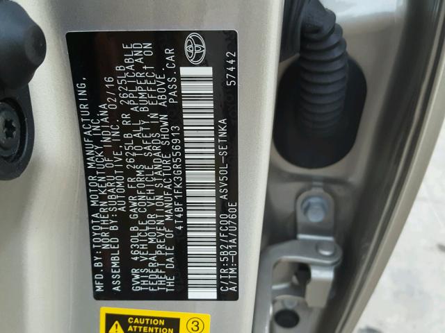 4T4BF1FK3GR556913 - 2016 TOYOTA CAMRY LE ბეჟი ფოტო 10