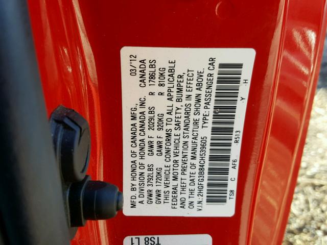 2HGFG3B84CH539605 - 2012 HONDA CIVIC EX RED photo 10