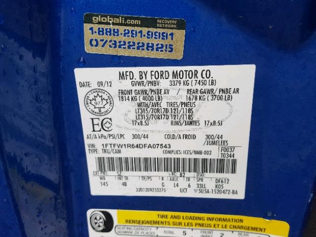 1FTFW1R64DFA07543 - 2013 FORD F150 SVT R BLUE photo 10