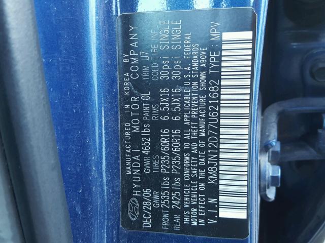 KM8JN12D77U621682 - 2007 HYUNDAI TUCSON SE BLUE photo 10