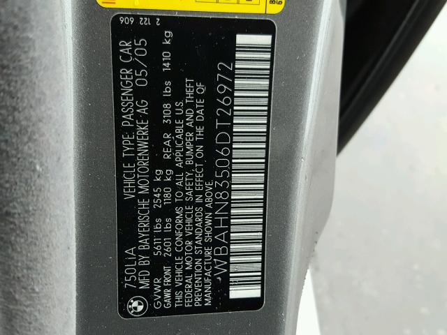 WBAHN83506DT26972 - 2006 BMW 750 LI GRAY photo 10