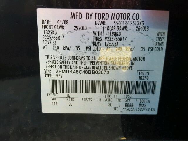 2FMDK48C48BB03073 - 2008 FORD EDGE SEL BLACK photo 10