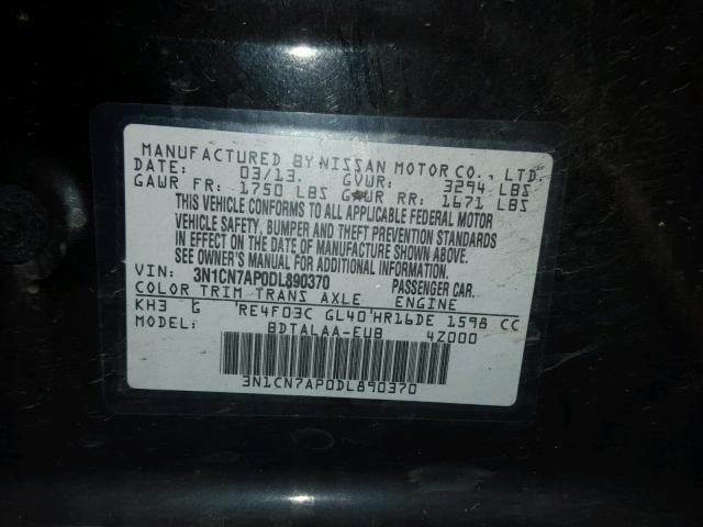 3N1CN7AP0DL890370 - 2013 NISSAN VERSA S BLACK photo 10