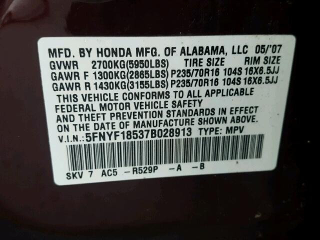 5FNYF18537B028913 - 2007 HONDA PILOT EXL PURPLE photo 10