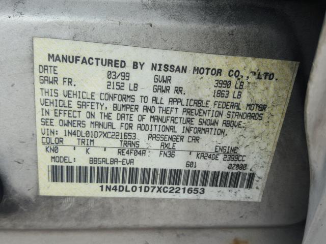 1N4DL01D7XC221653 - 1999 NISSAN ALTIMA XE SILVER photo 10