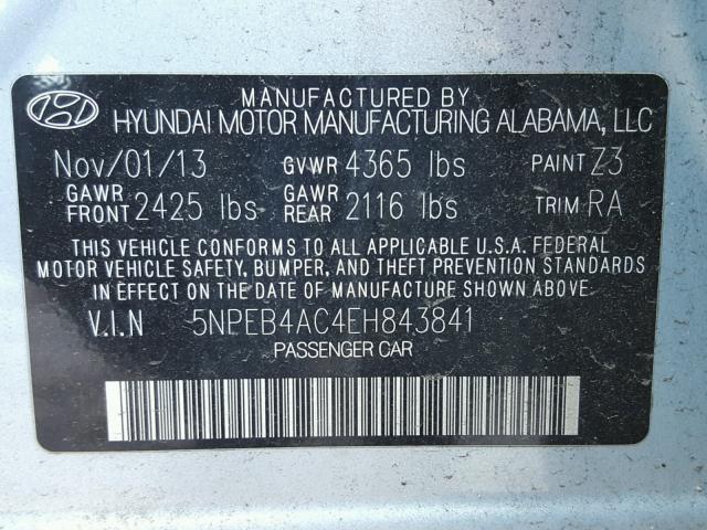 5NPEB4AC4EH843841 - 2014 HYUNDAI SONATA GLS BLUE photo 10